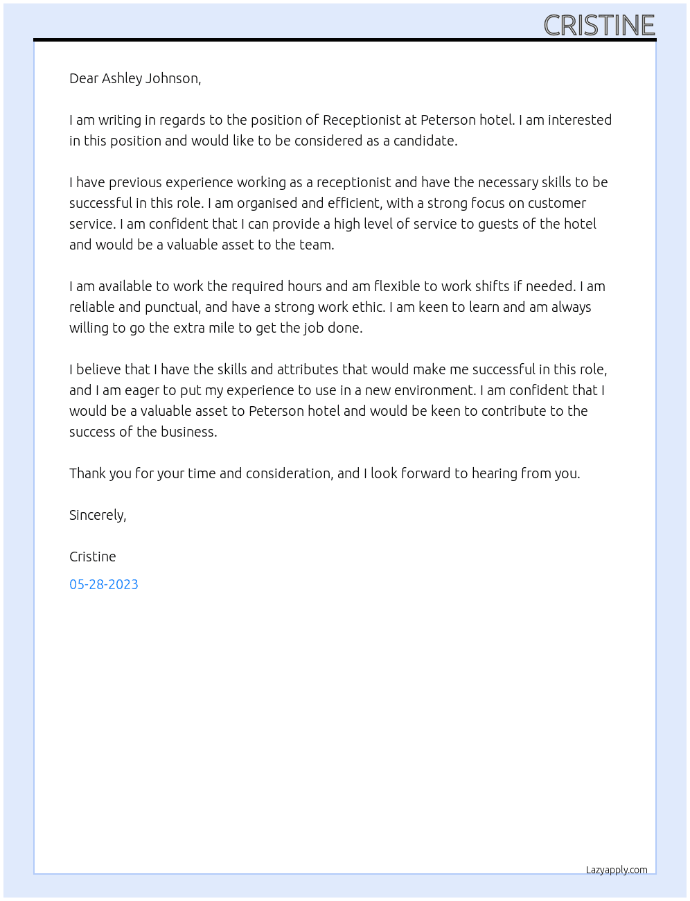 Receptionist  At  Peterson hotel  Cover Letter