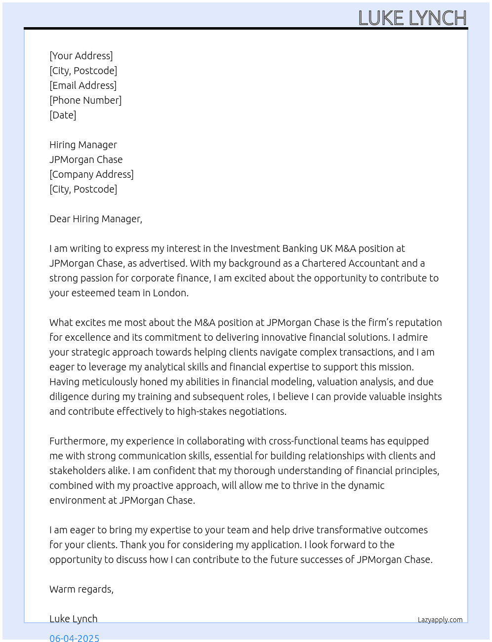 Investment Banking UK M&A At JPMorganChase Cover Letter
