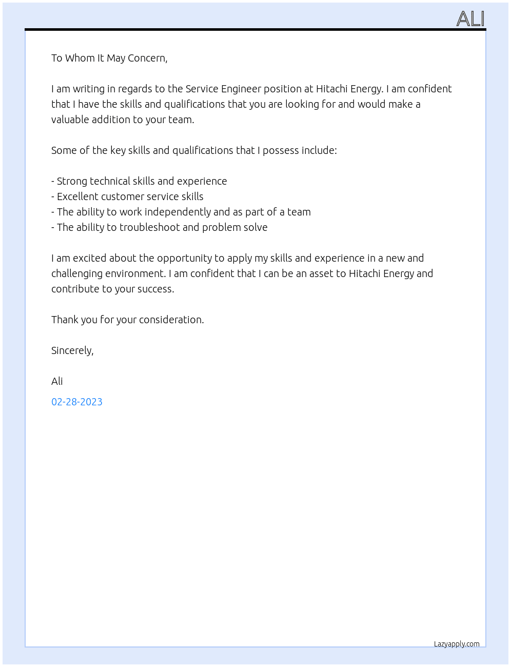 Service Engineer At Hitachi Energy Cover Letter