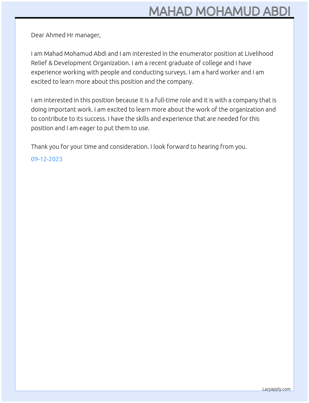 Enumerator  At Livelihood Relief & Development Organization Cover Letter