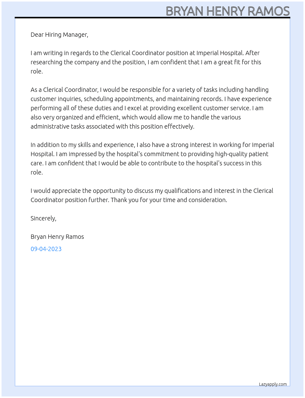 Clerical Coordinator At Imperial Hospital Cover Letter