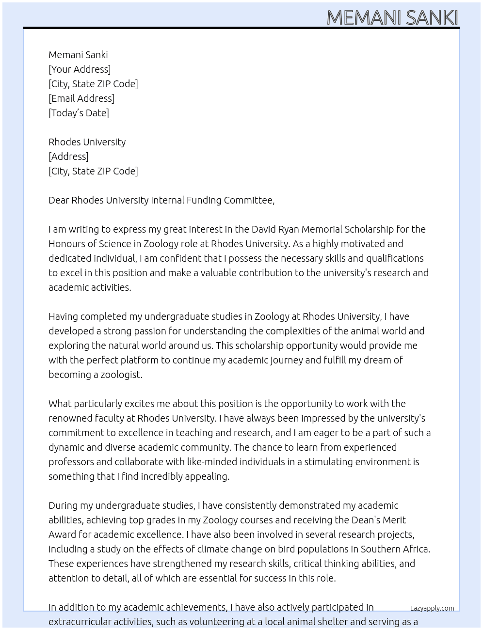 David Ryan Memorial Scholarship At Rhodes University  Cover Letter