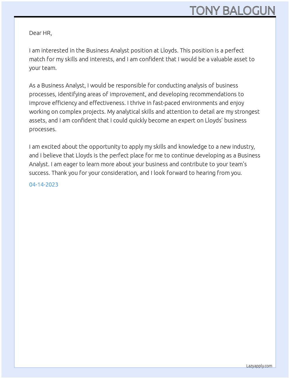 Business Analyst  At Lloyds Cover Letter