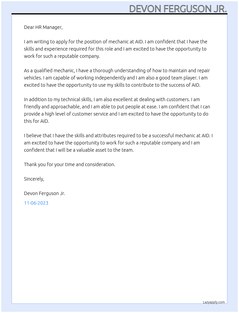 mechanic At AID Cover Letter