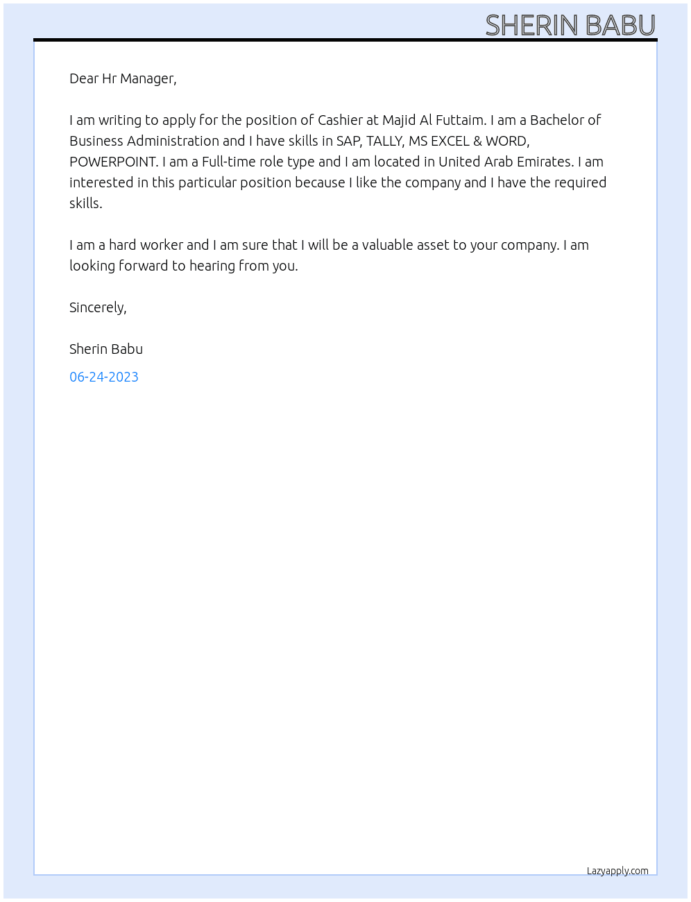 Cashier  At Majid Al Futtaim Cover Letter