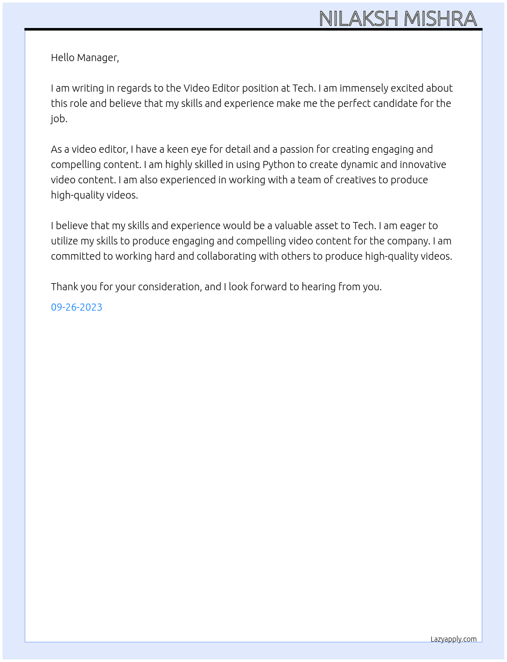 Video editor  At Tech Cover Letter