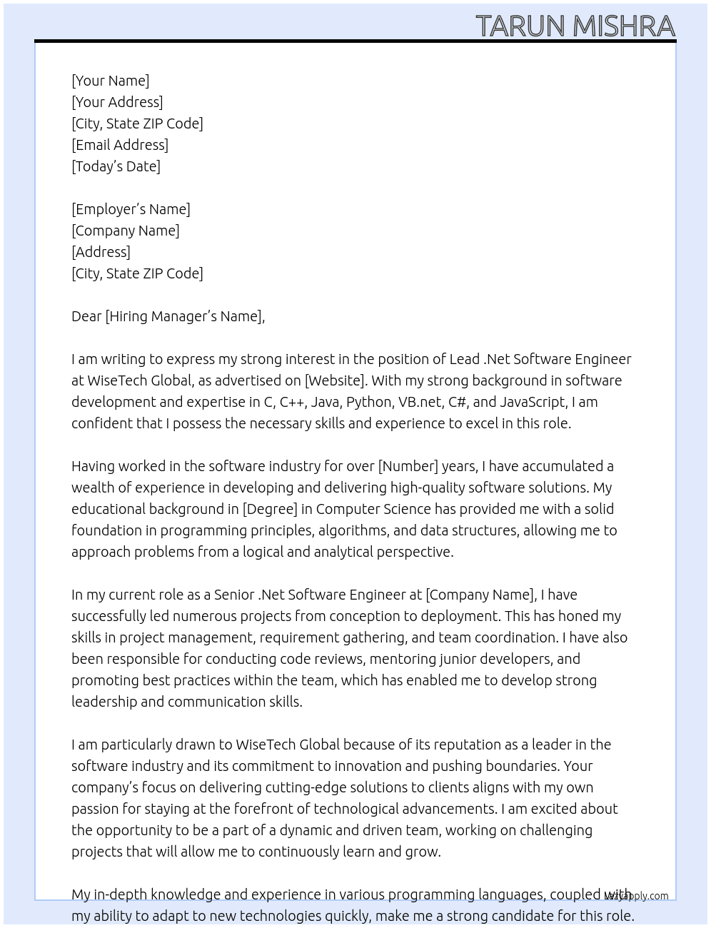 Lead .Net Software Engineer At wisetech global Cover Letter
