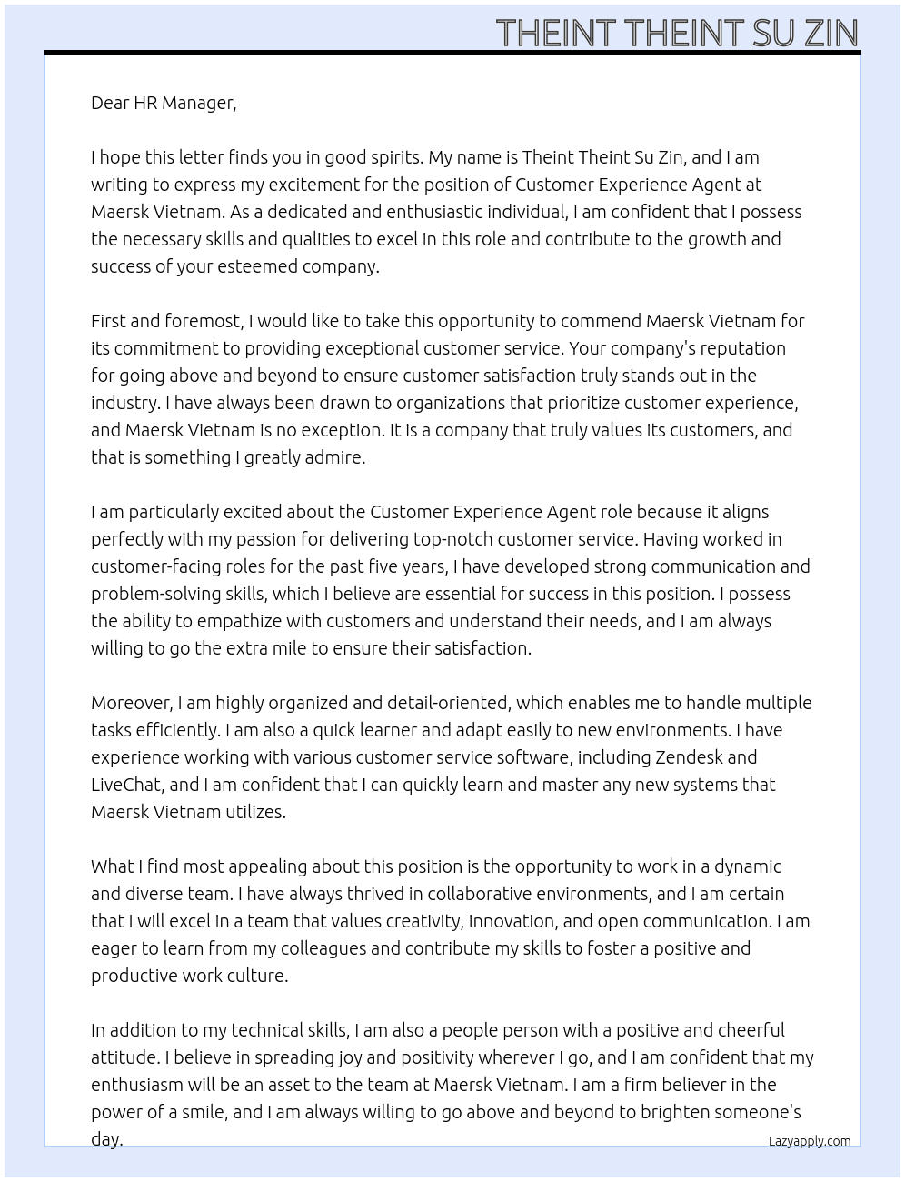 Customer Experience Agent At Maersk Vietnam Cover Letter
