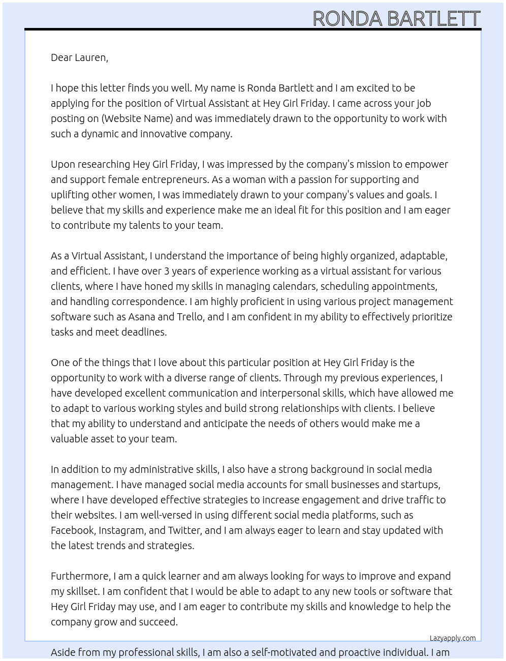Virtual Assistant At Hey Girl Friday Cover Letter