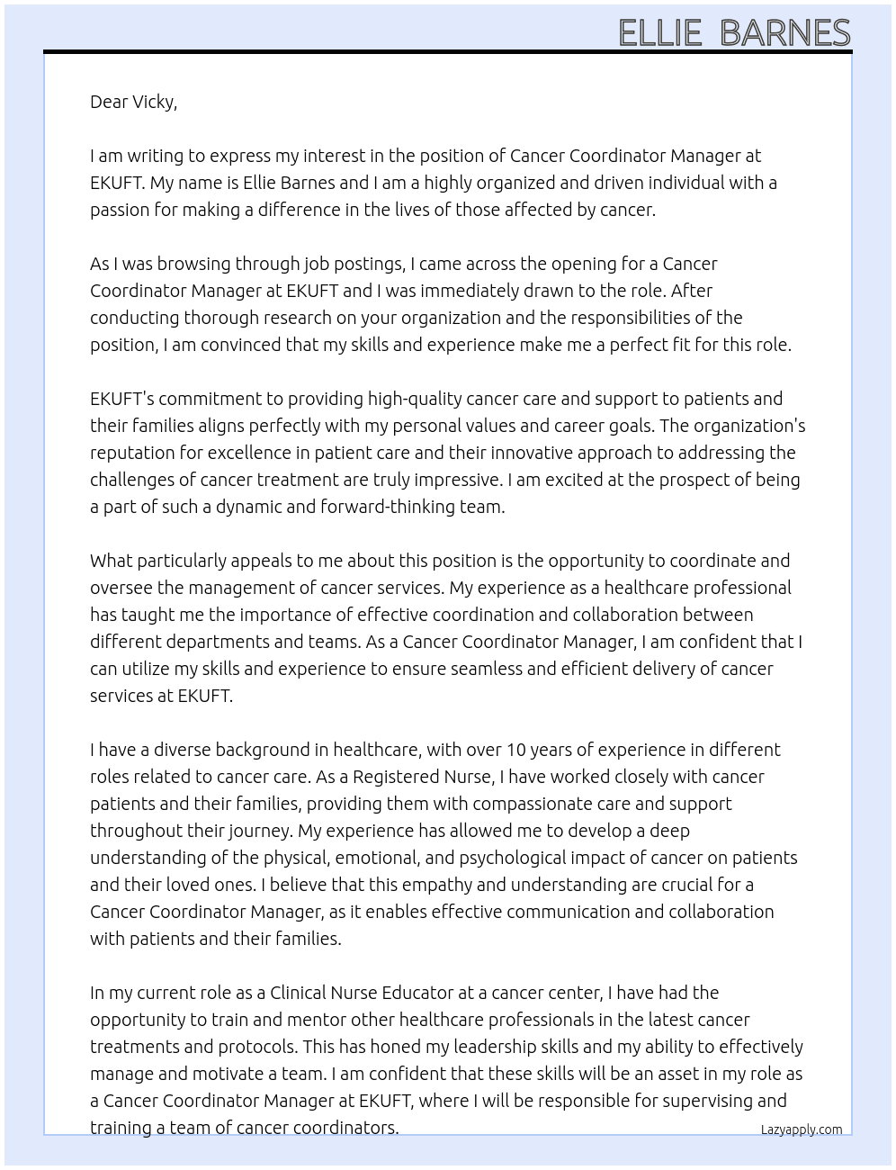 Cancer coordinator manager At EKUFT Cover Letter