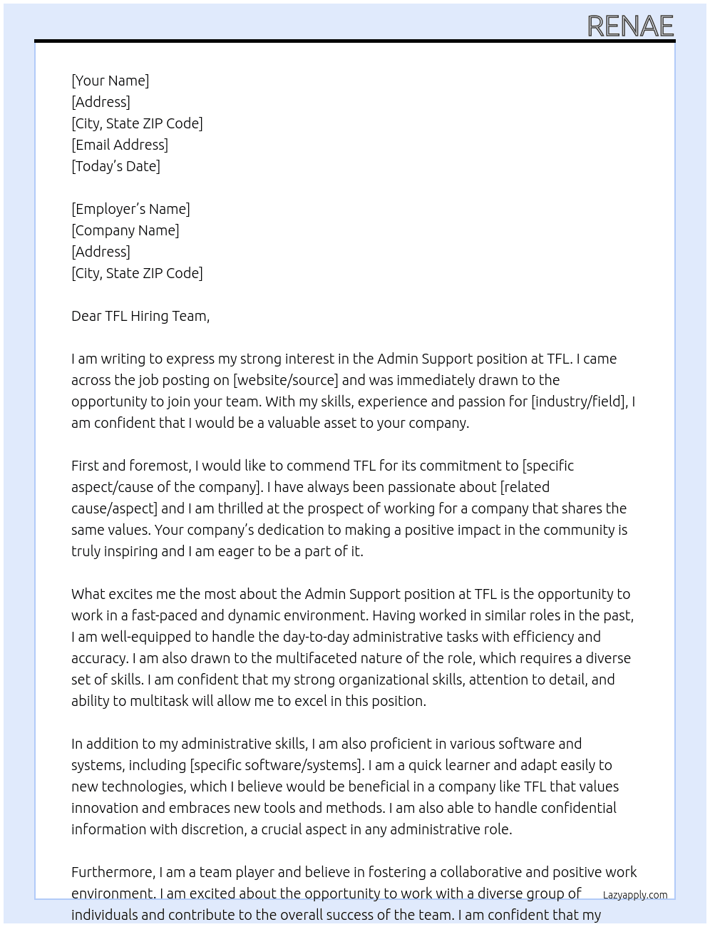 Admin Support At TFL Cover Letter
