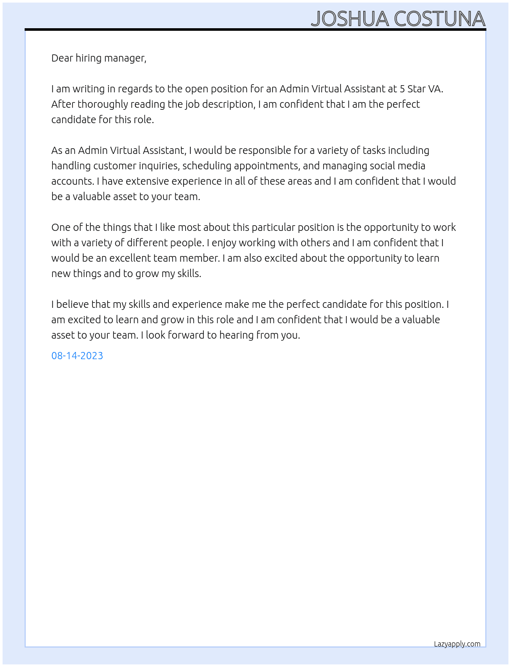 Admin Virtual assistant At 5 Star VA Cover Letter