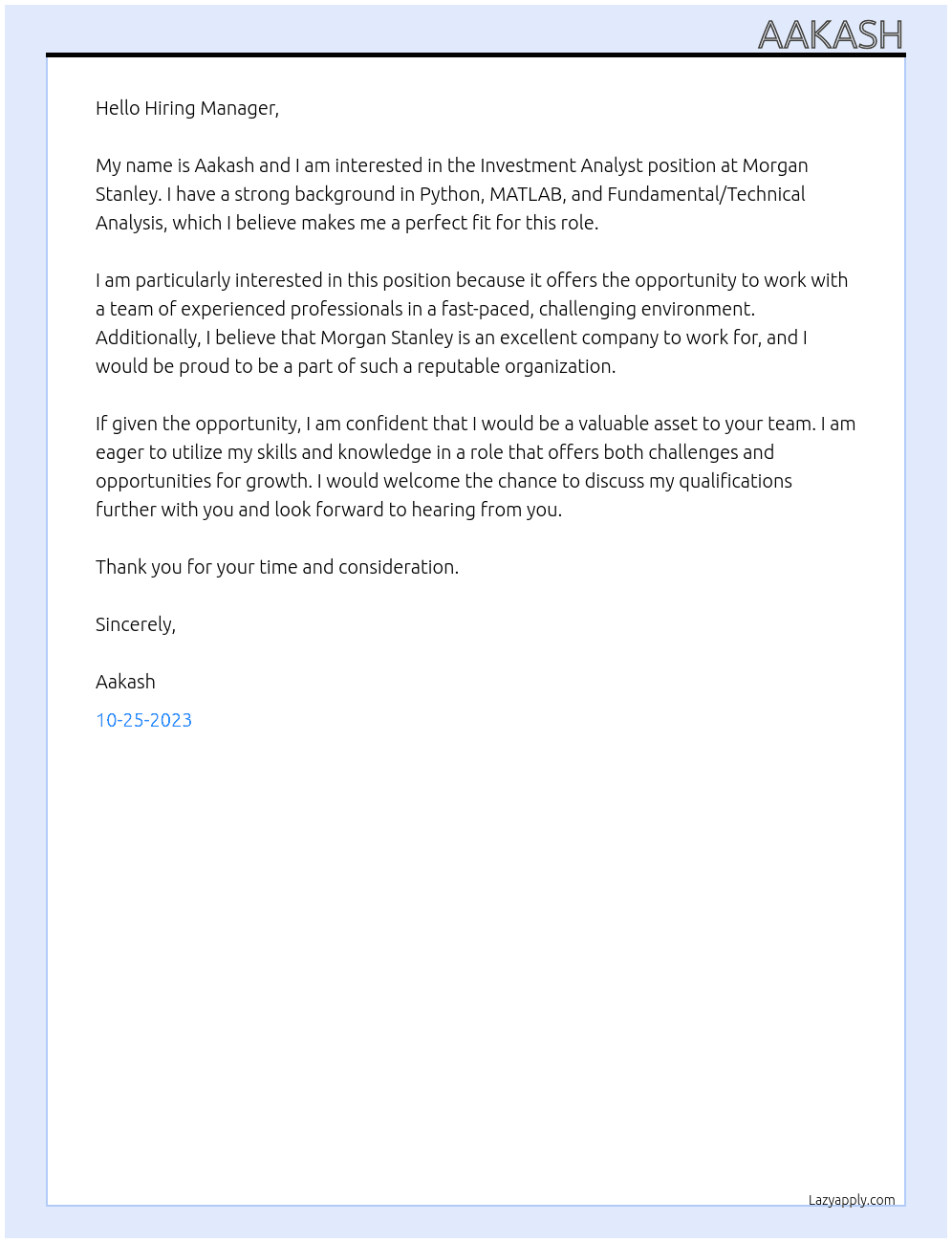 Investment Analyst At Morgan Stanley Cover Letter