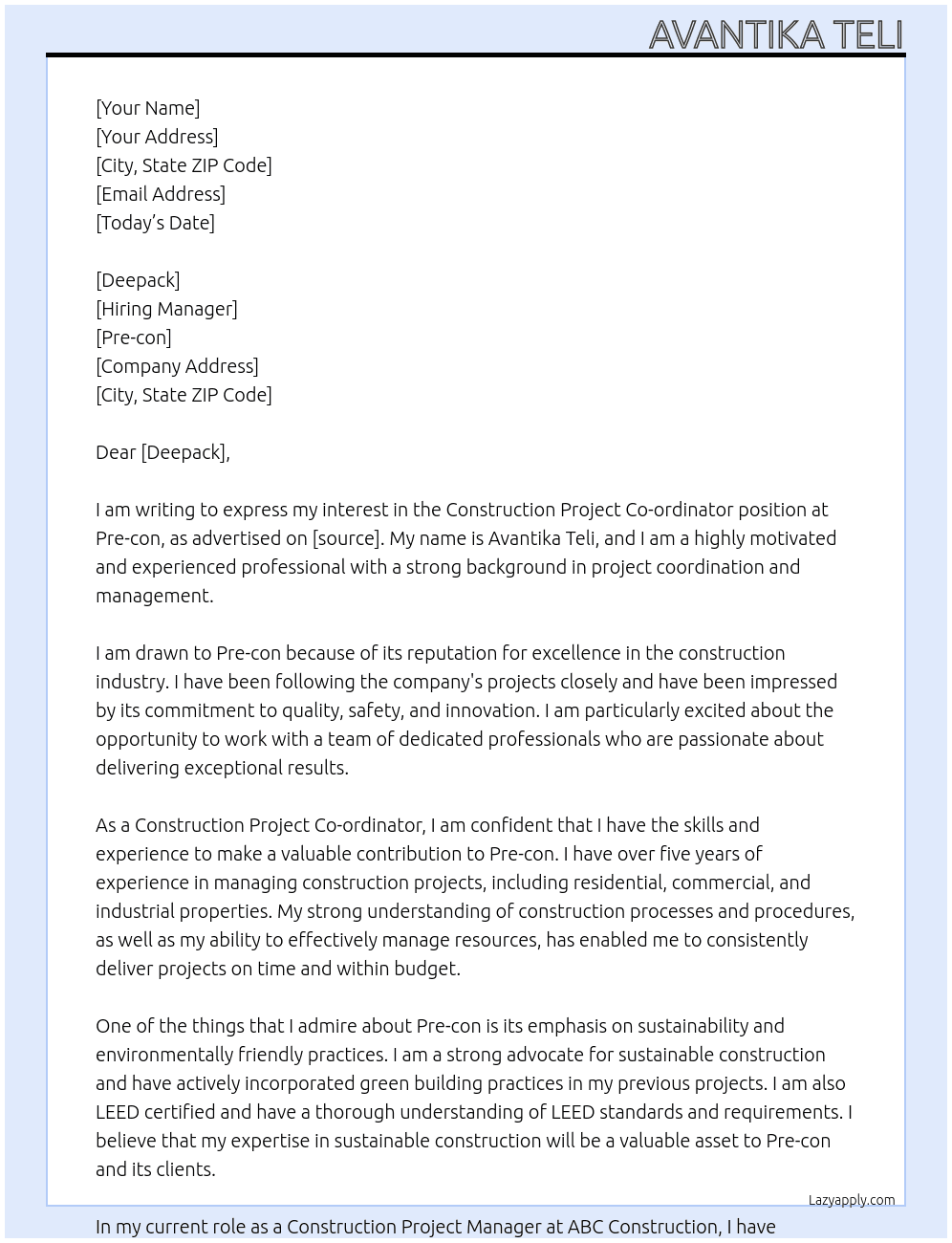 Construction Project Co-ordinator At Pre-con Cover Letter