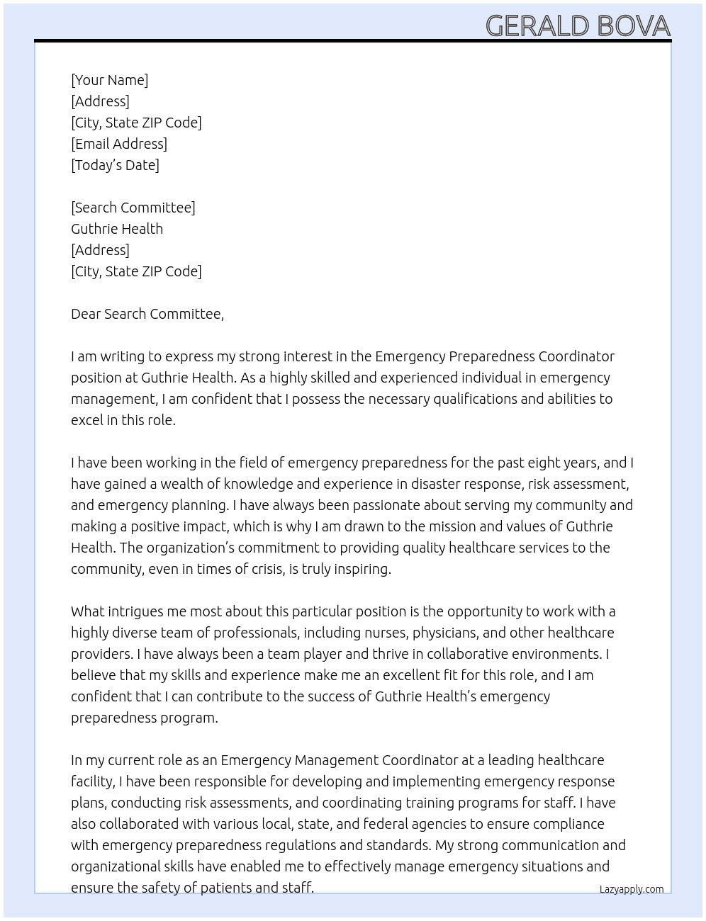 Emergency Preparedness Coordinator At Guthrie Health Cover Letter