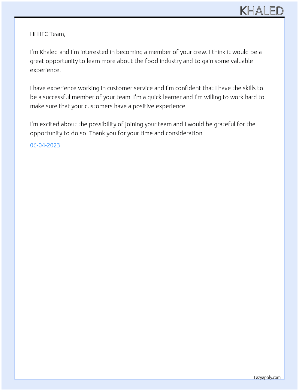 Member from the Crew  At HFC Cover Letter