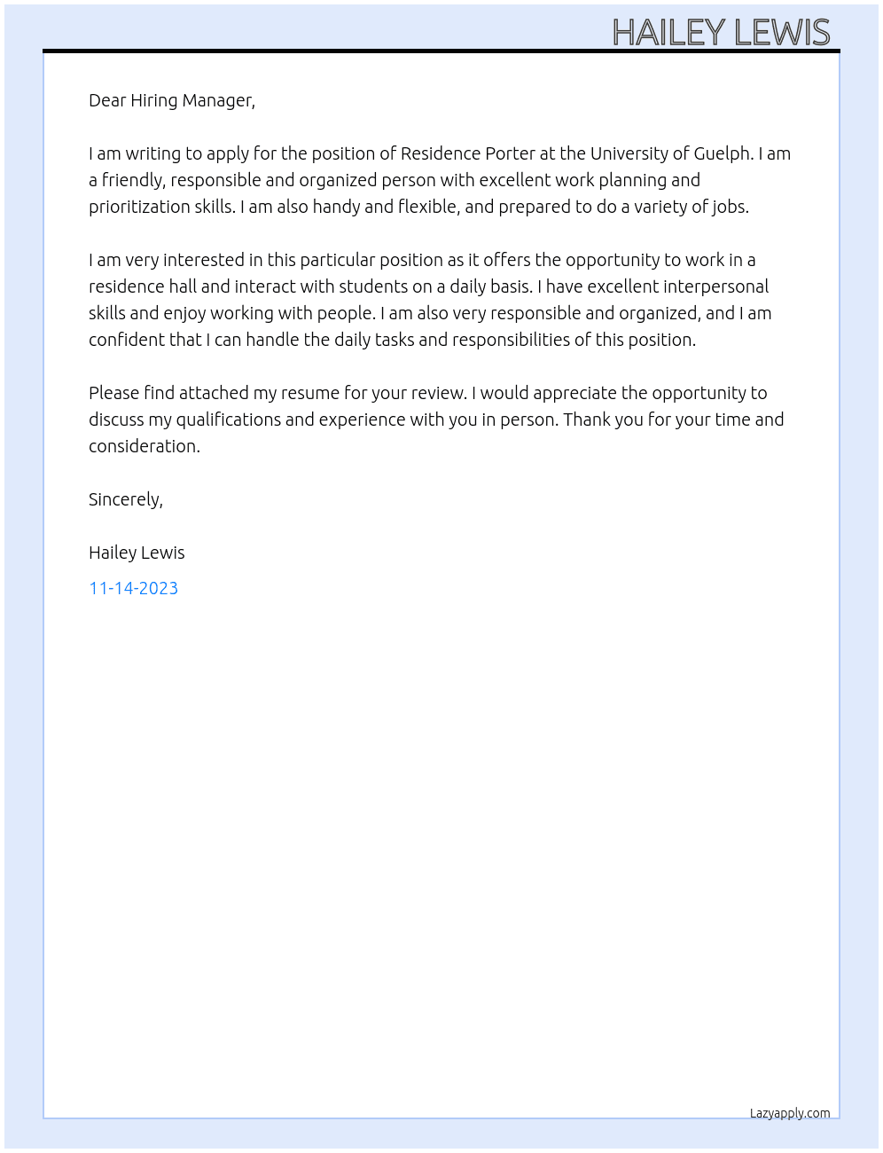 Residence Porter At University of Guelph  Cover Letter