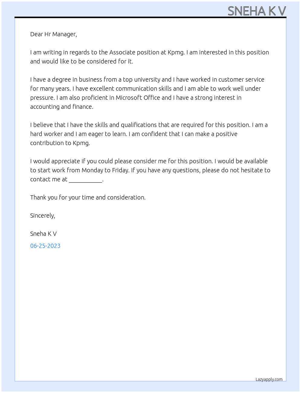 Associate At Kpmg Cover Letter