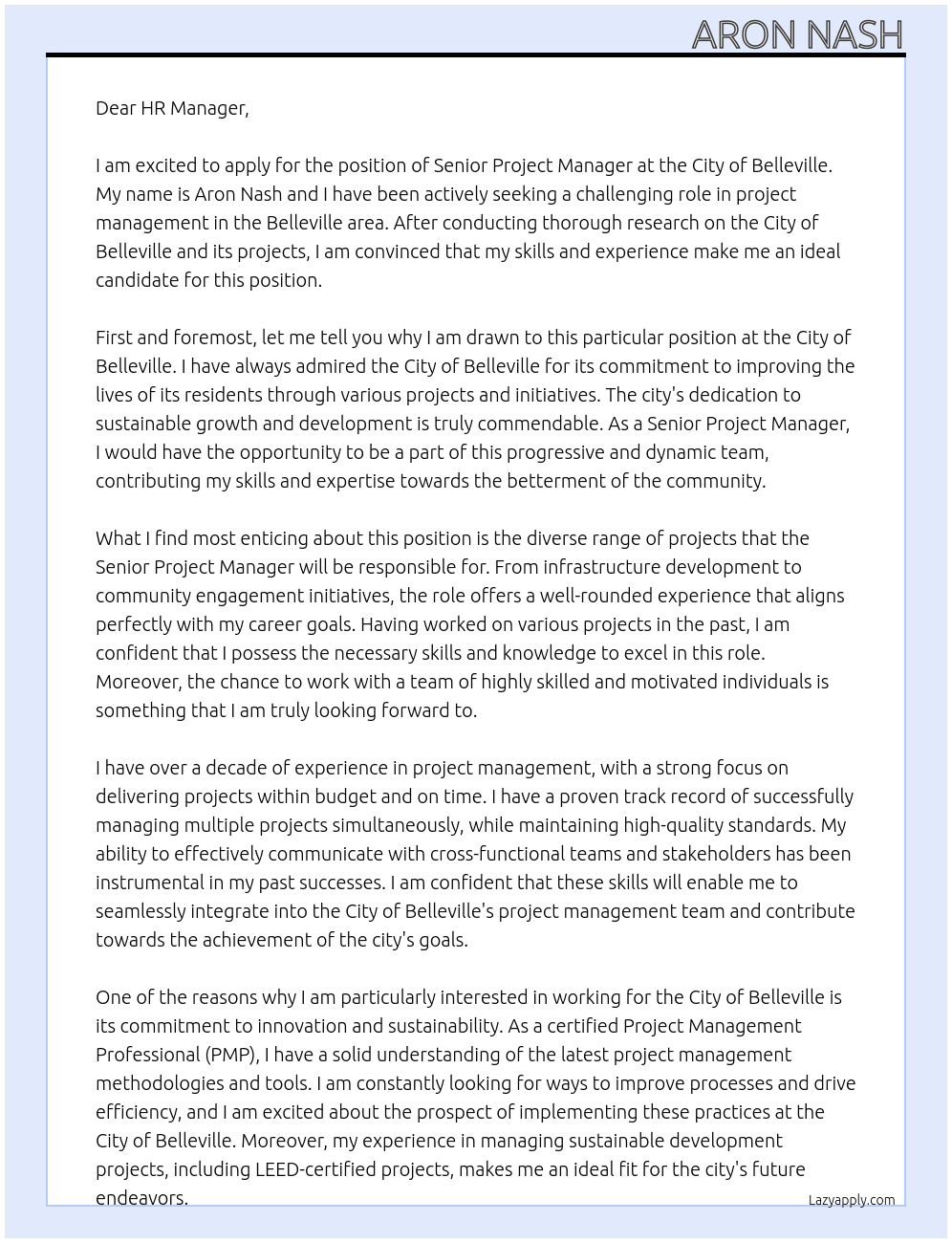 Senior Project Manager At City of Belleville Cover Letter