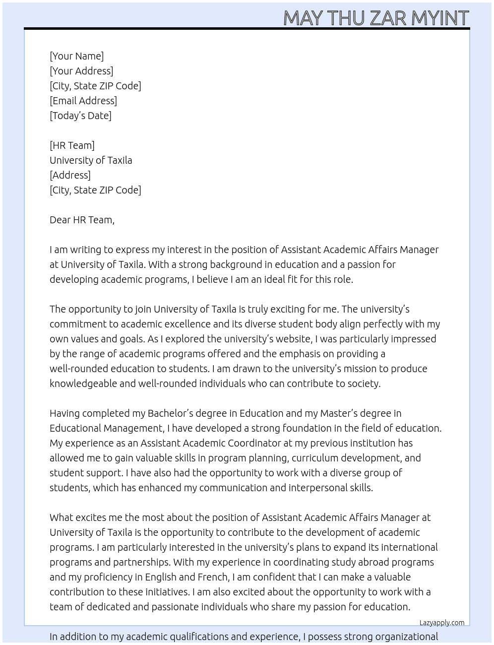 Assistant Academic Affairs Manager At University of Taxila Cover Letter