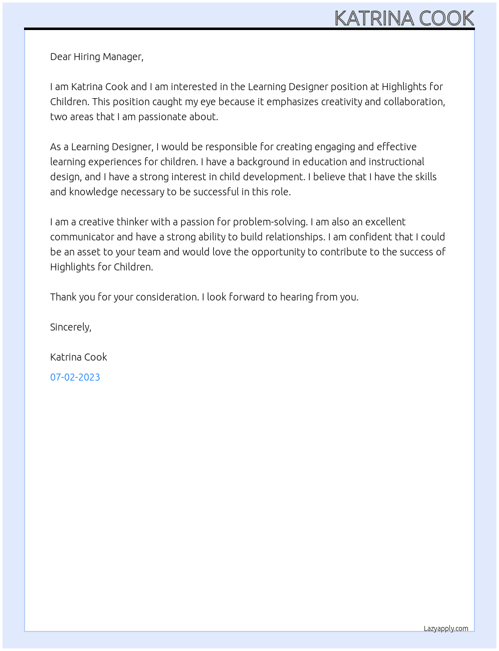 Learning Designer At Highlights for Children Cover Letter