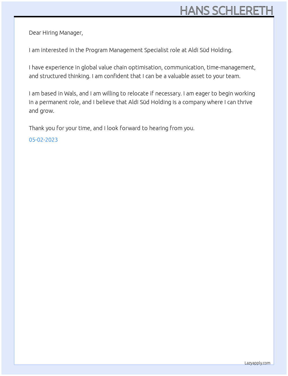 Program Management Specialist At Aldi Süd Holding Cover Letter