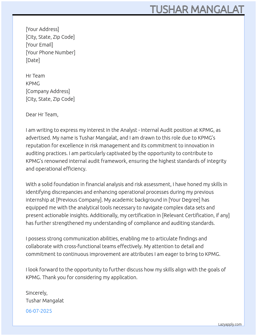 Cover letter for analyst - internal audit - LazyApply