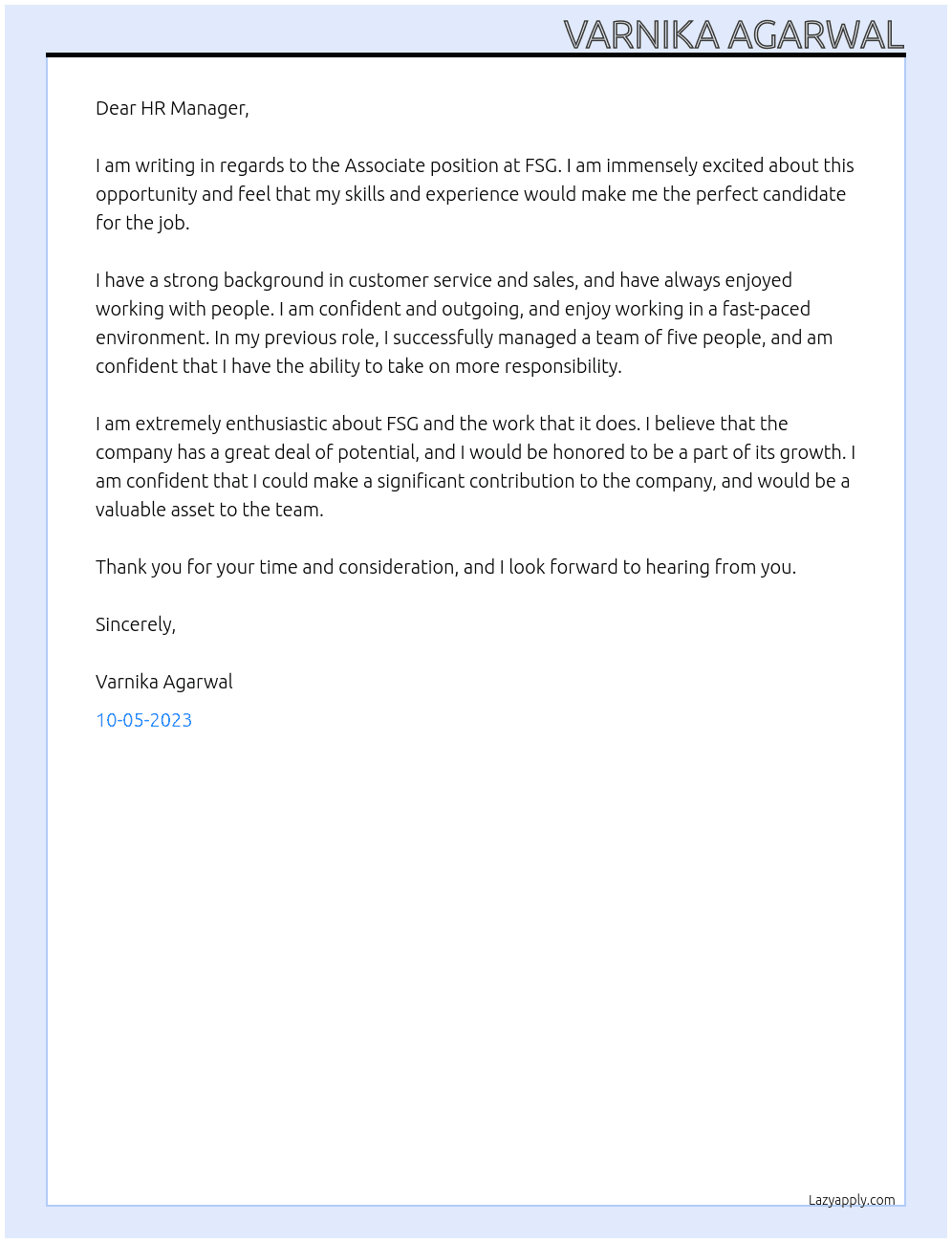 Associate At FSG Cover Letter