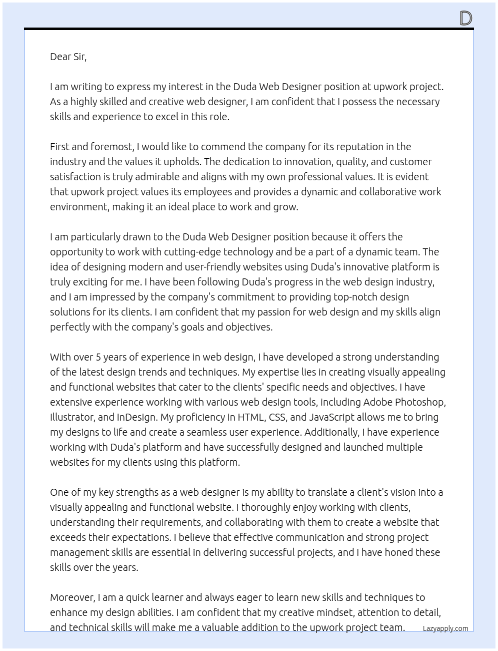 Duda Web Designer At upwork project Cover Letter