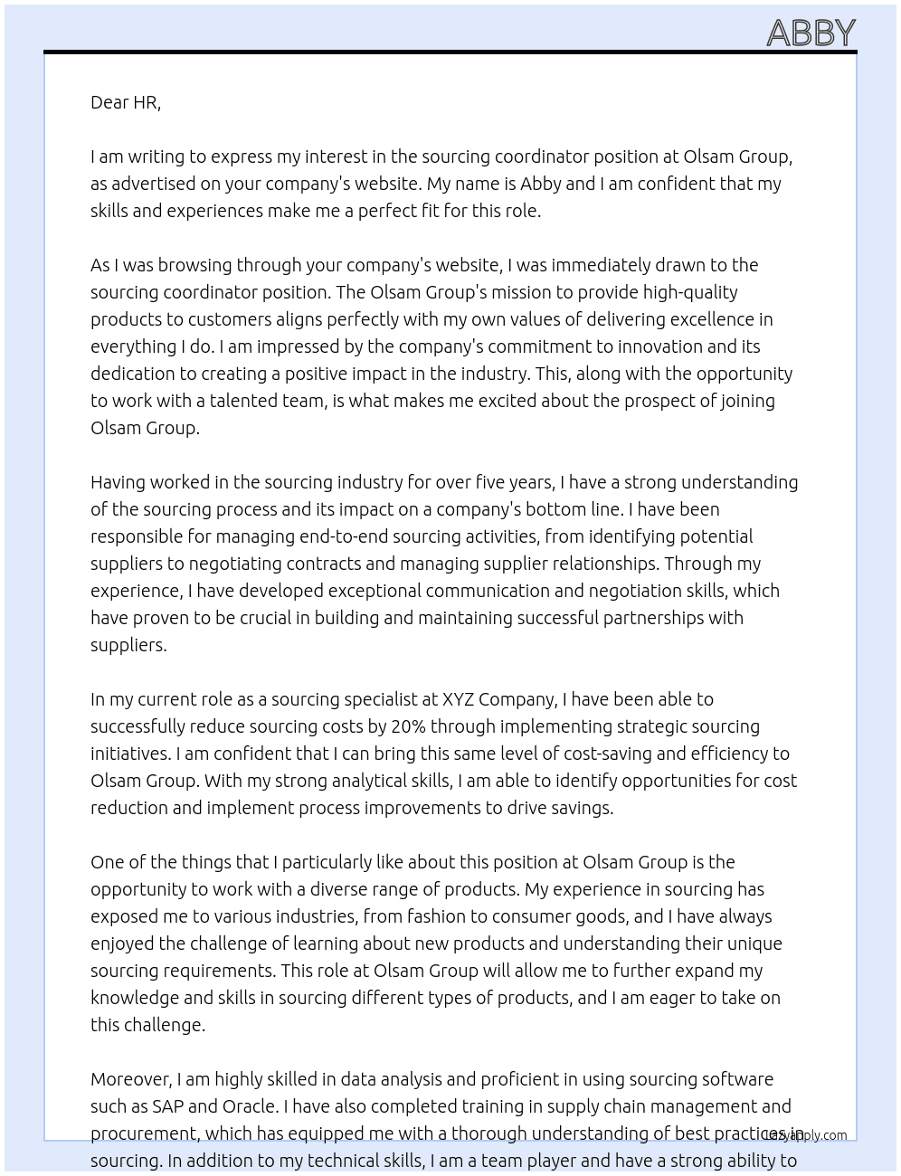 sourcing coordinator At olsam group Cover Letter