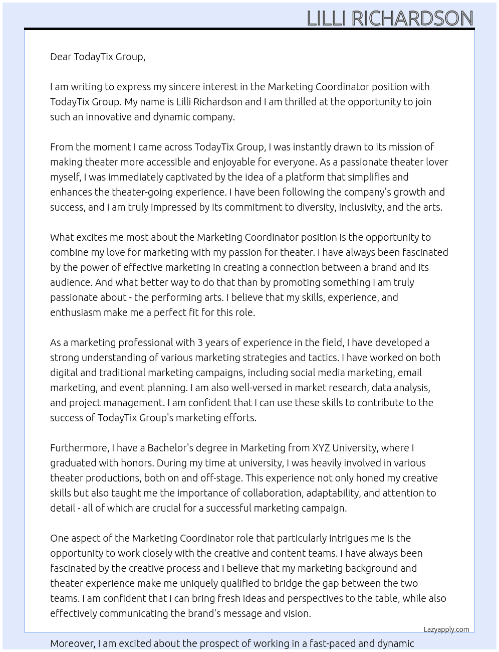 Marketing Coordinator  At TodayTix Group Cover Letter