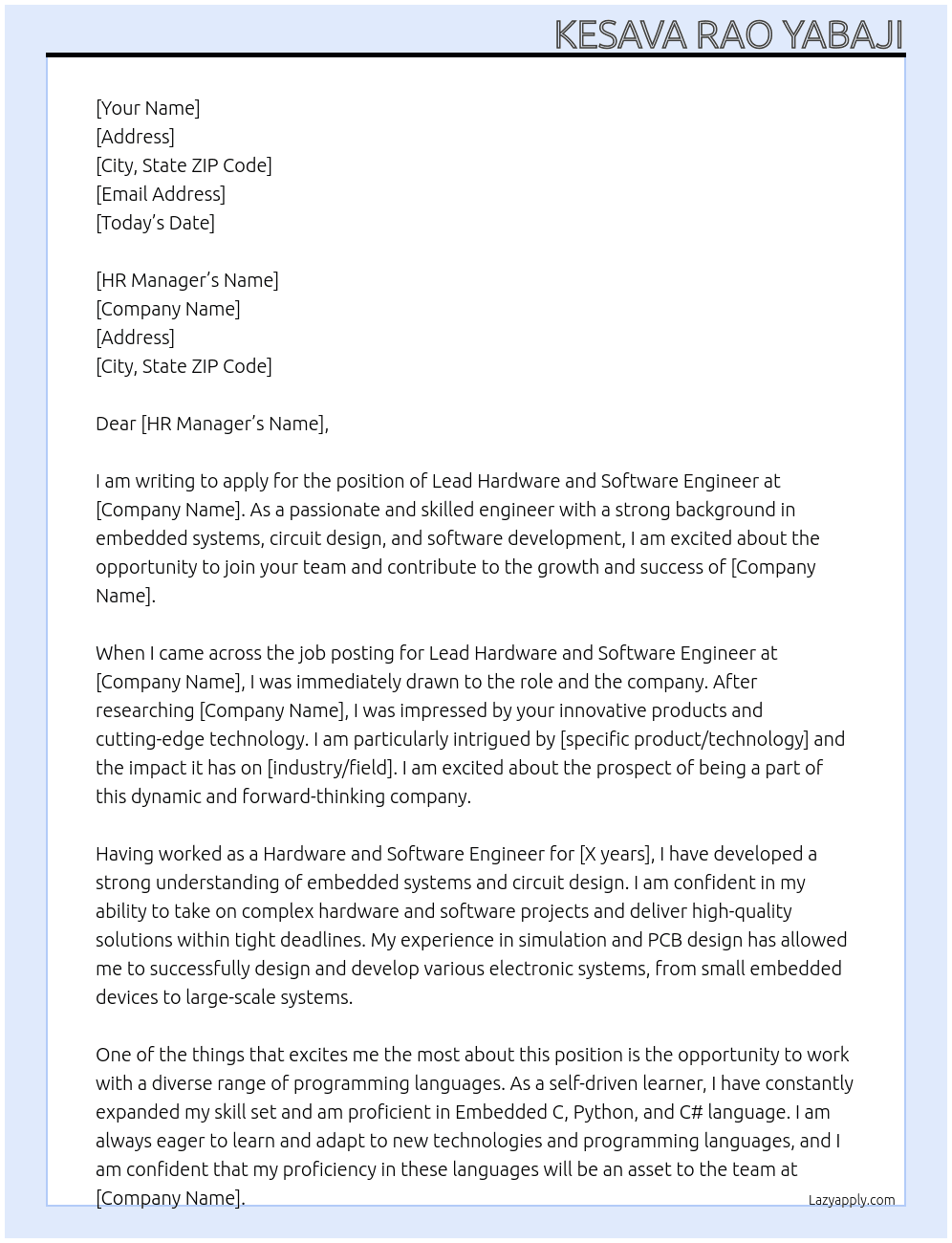 Lead Hardware and software engineer  At in our company  Cover Letter