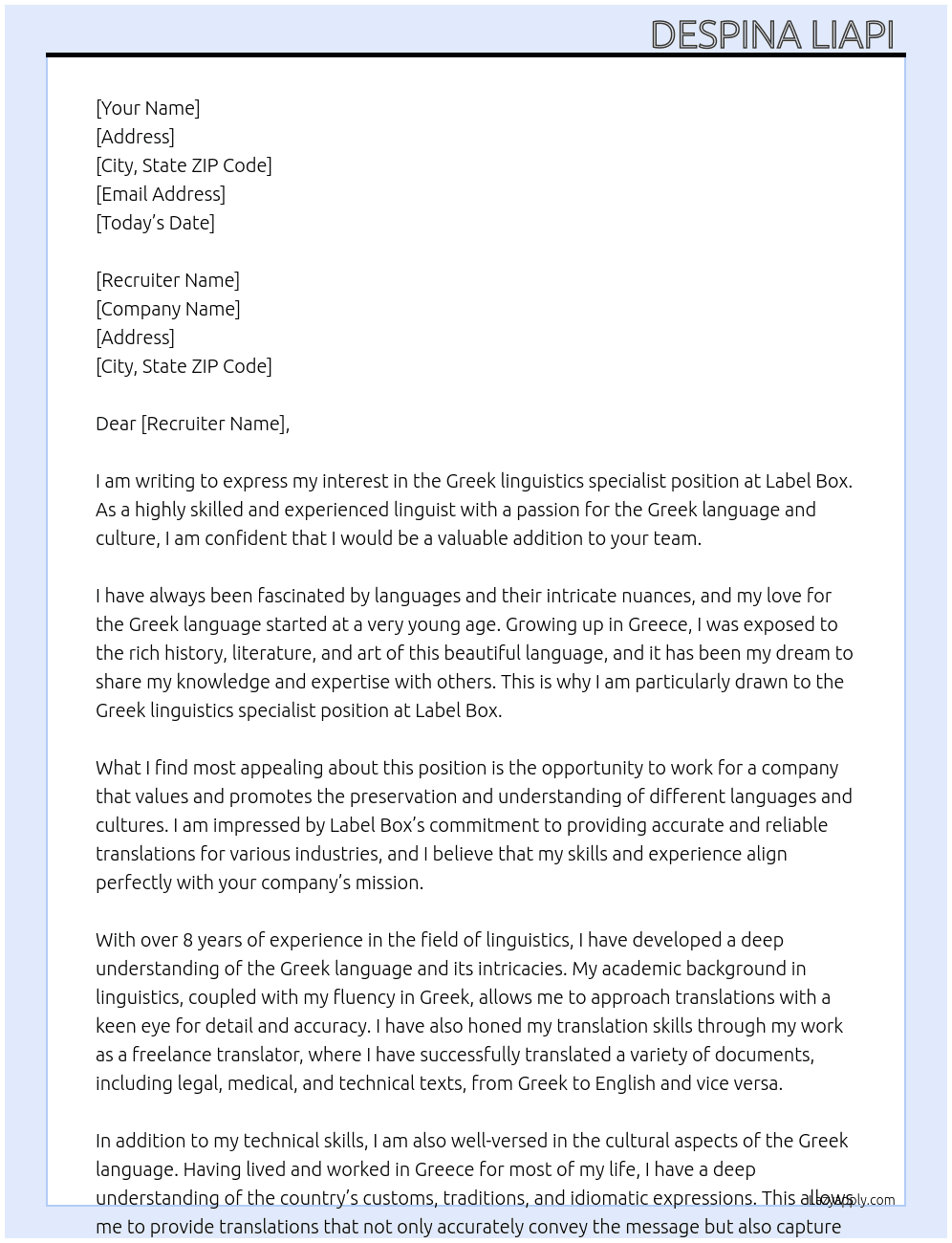 Greek linguistics specialist At Label Box Cover Letter