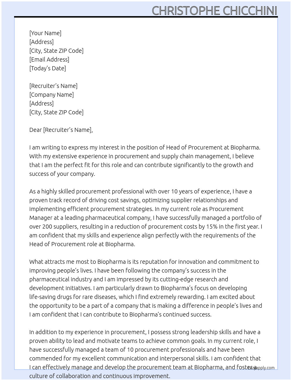 Head of Procurement At Biopharma Cover Letter