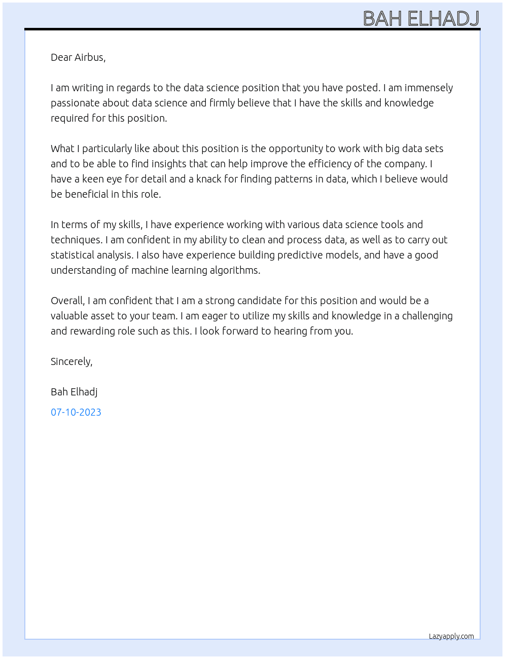 data science At airbus Cover Letter
