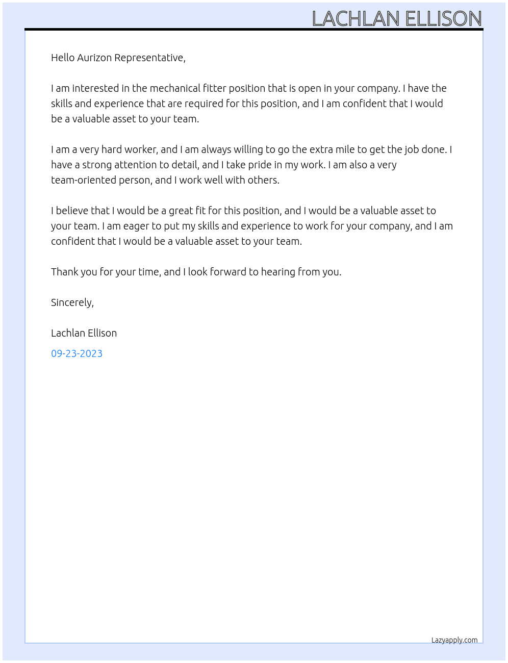 Mechanical Fitter At Aurizon Cover Letter