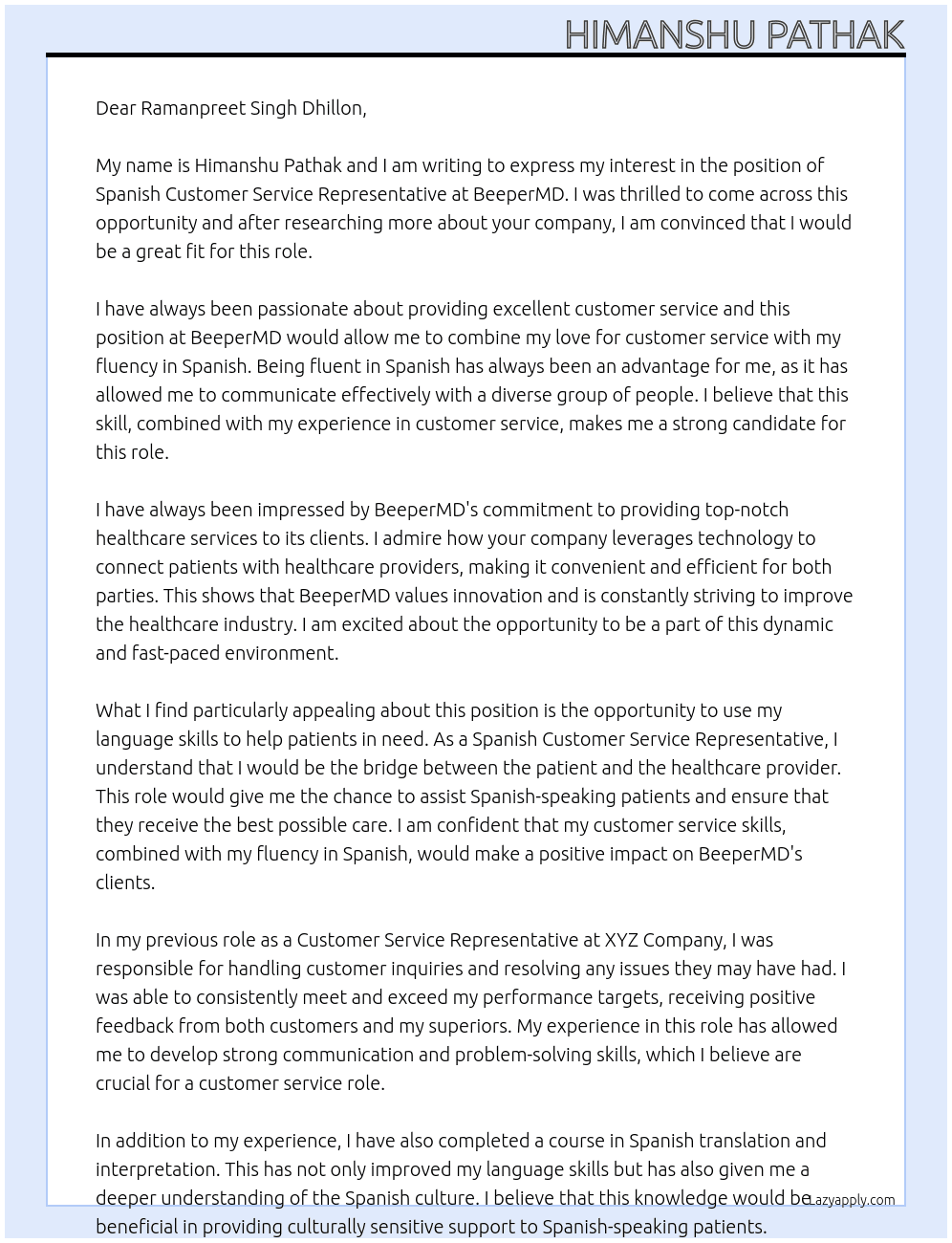 Spanish Customer Service Representative At BeeperMD Cover Letter