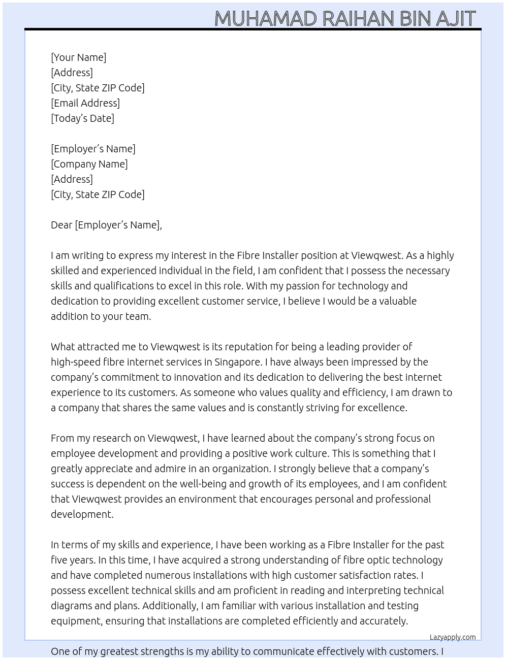 Fibre Installer  At Viewqwest  Cover Letter