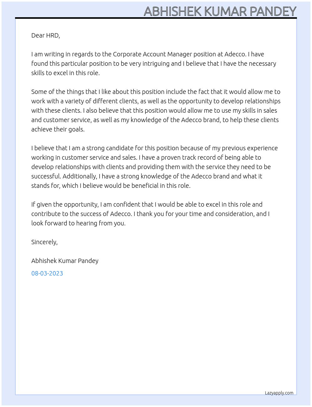 Corporate Account Manager At adecco Cover Letter