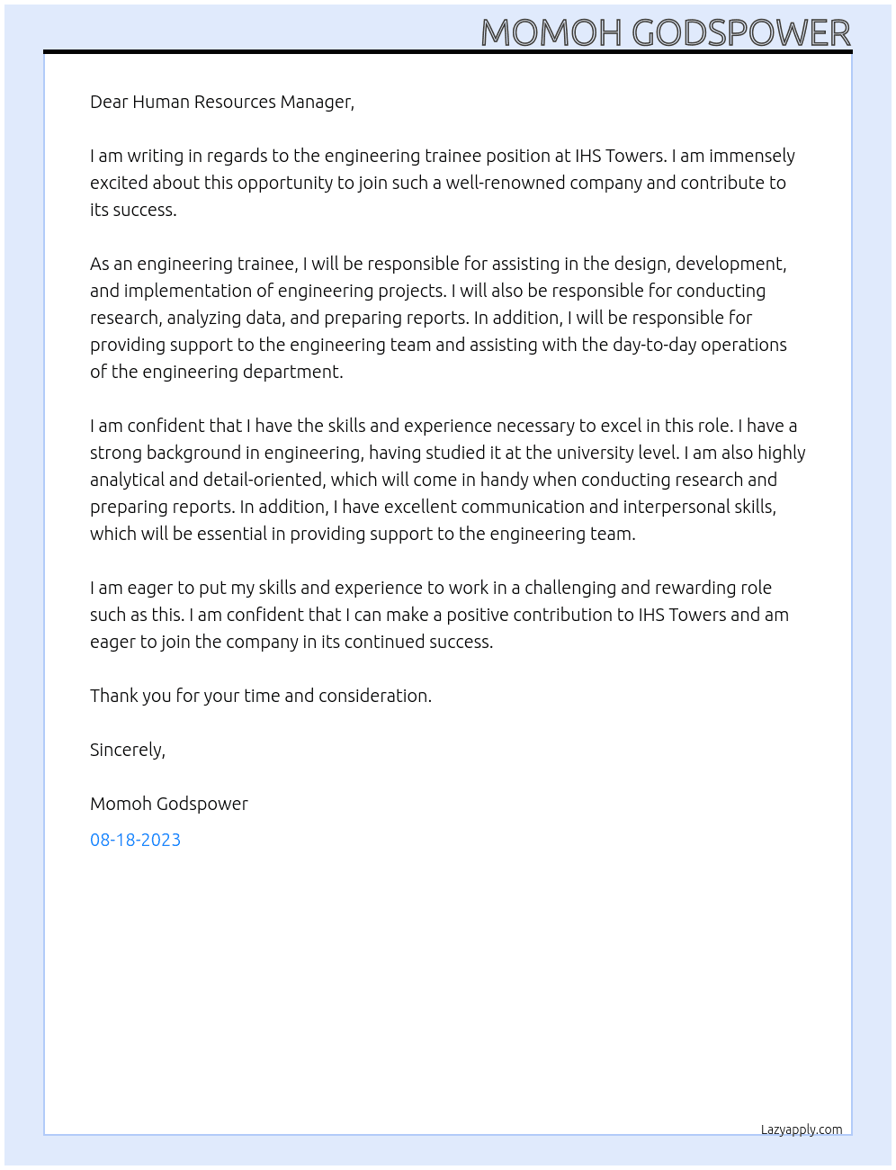 Engineering trainee At IHS Towers Cover Letter
