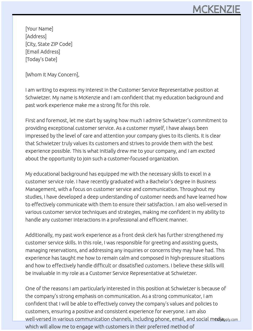 Customer Service Representative At Schwietzer Cover Letter