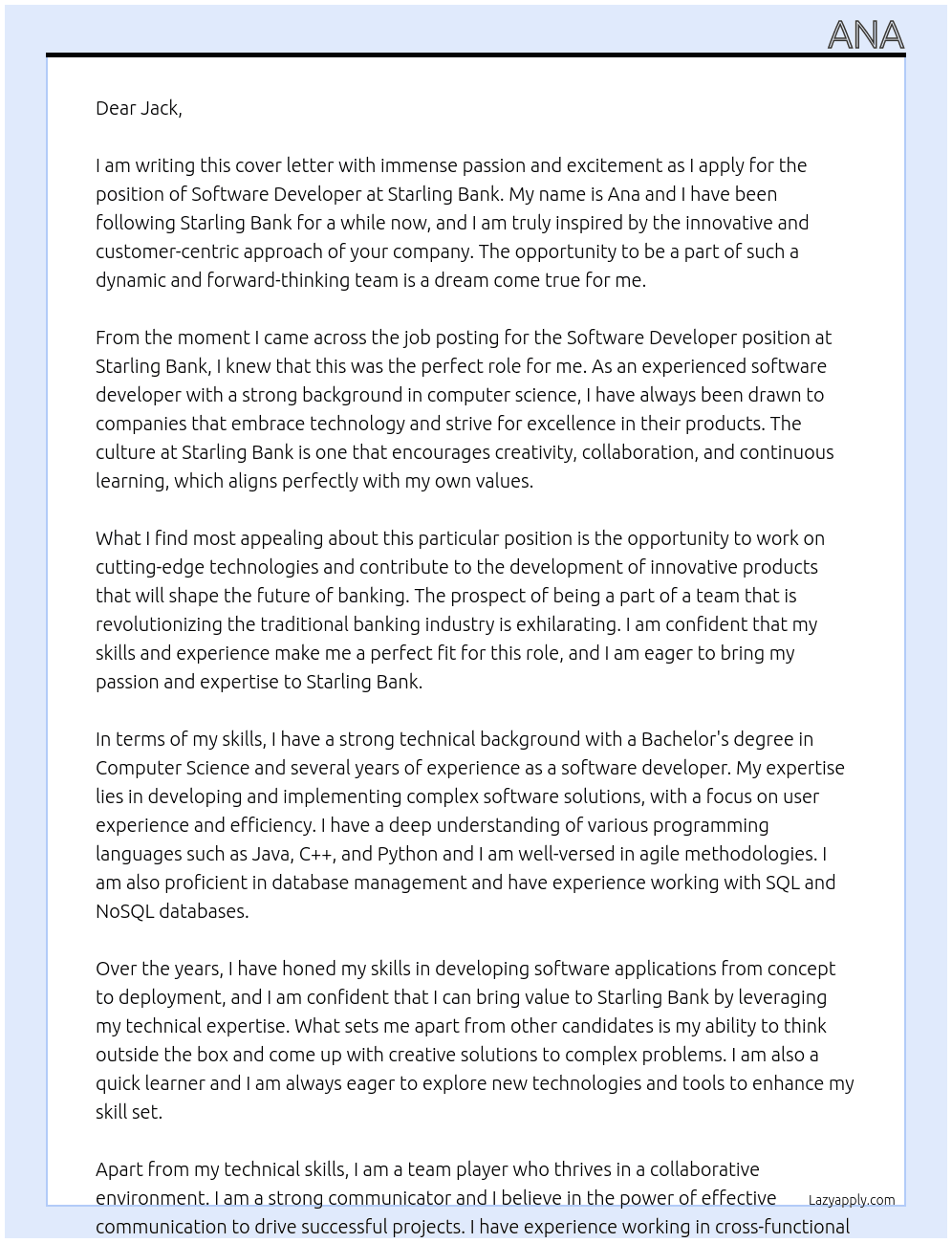 software developer At Starling bank Cover Letter