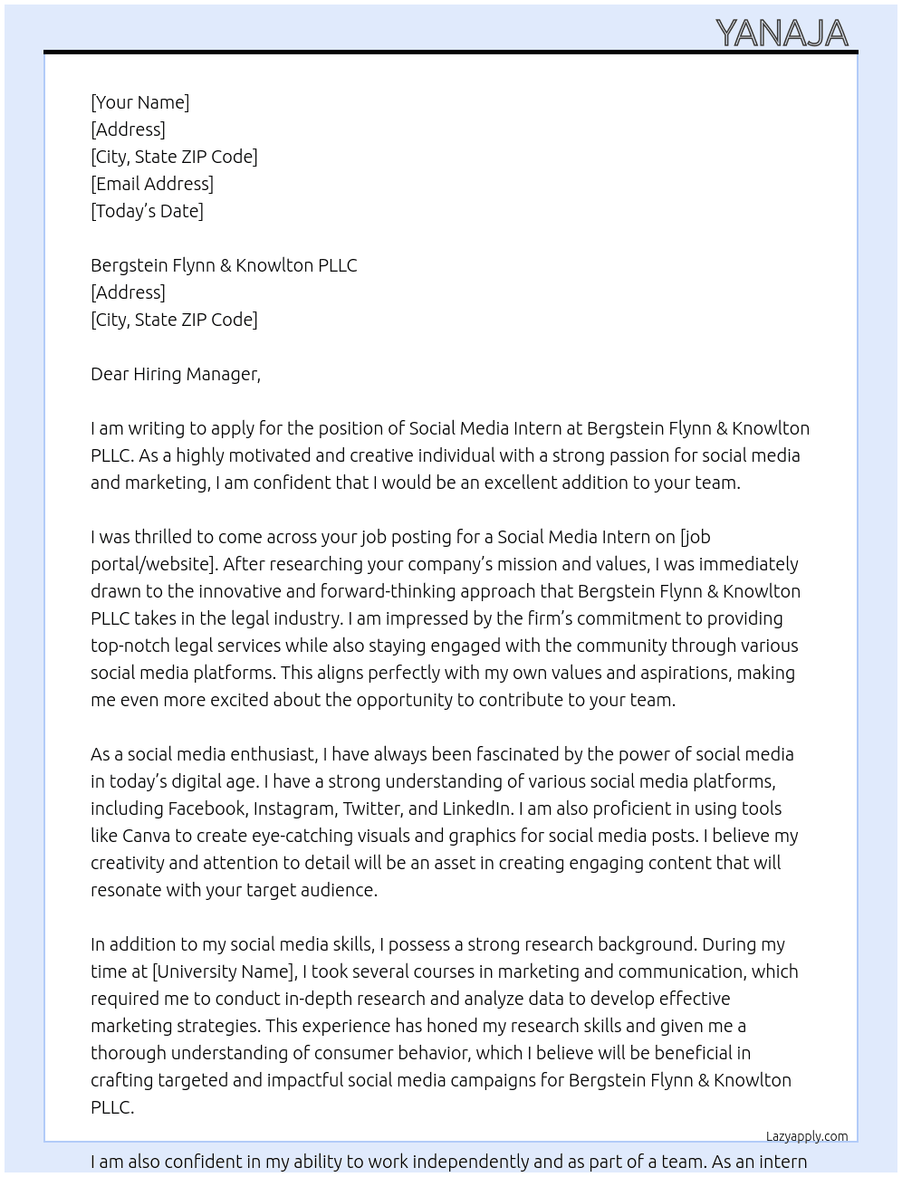 Social Media Intern At Bergstein Flynn & Knowlton PLLC Cover Letter