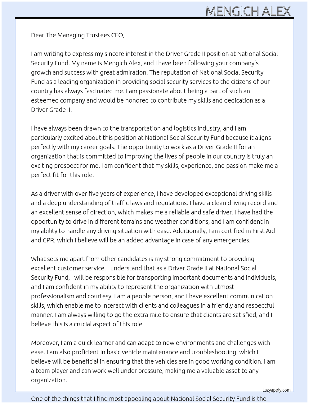 Driver grade ii At National Social Security Fund  Cover Letter