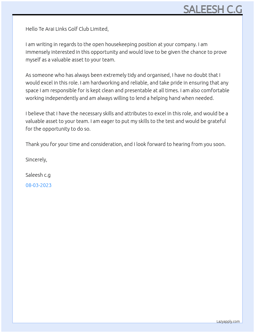 Housekeeping At Te Arai Links Golf Club Limited Cover Letter
