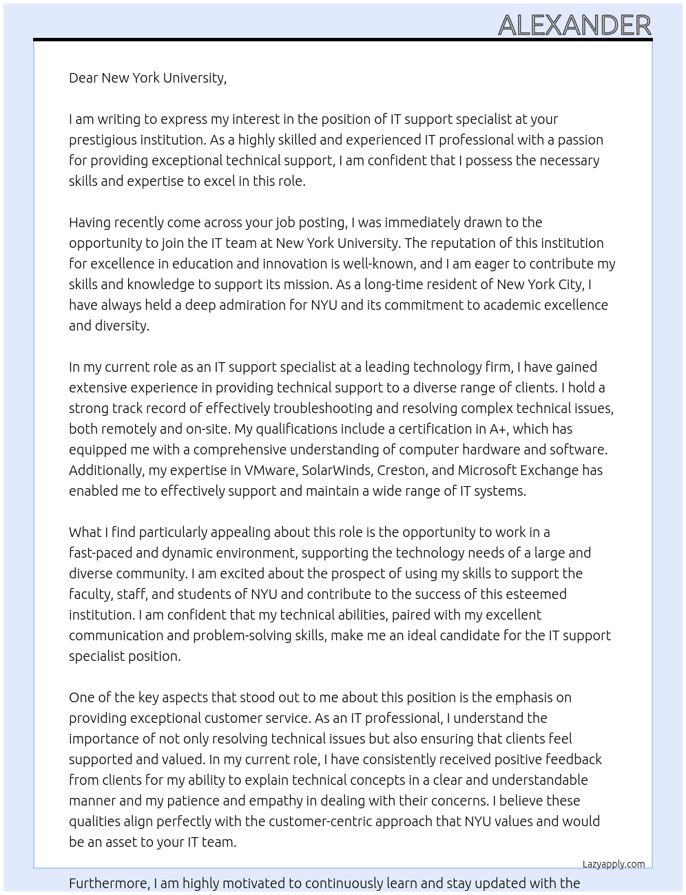 IT support specialist At New York University Cover Letter