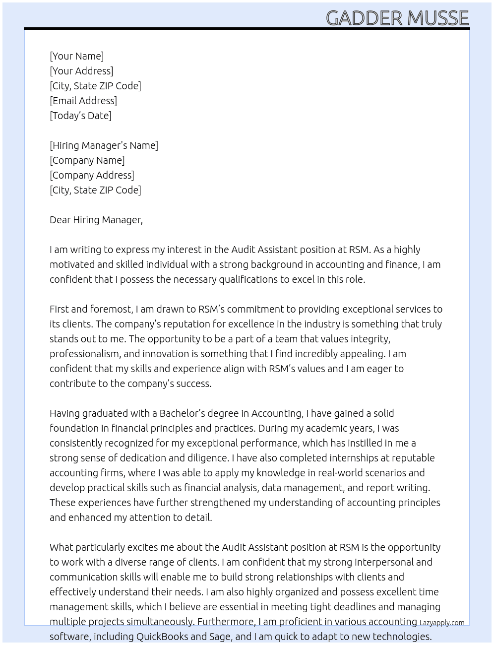 Audit assistant At RSM Cover Letter
