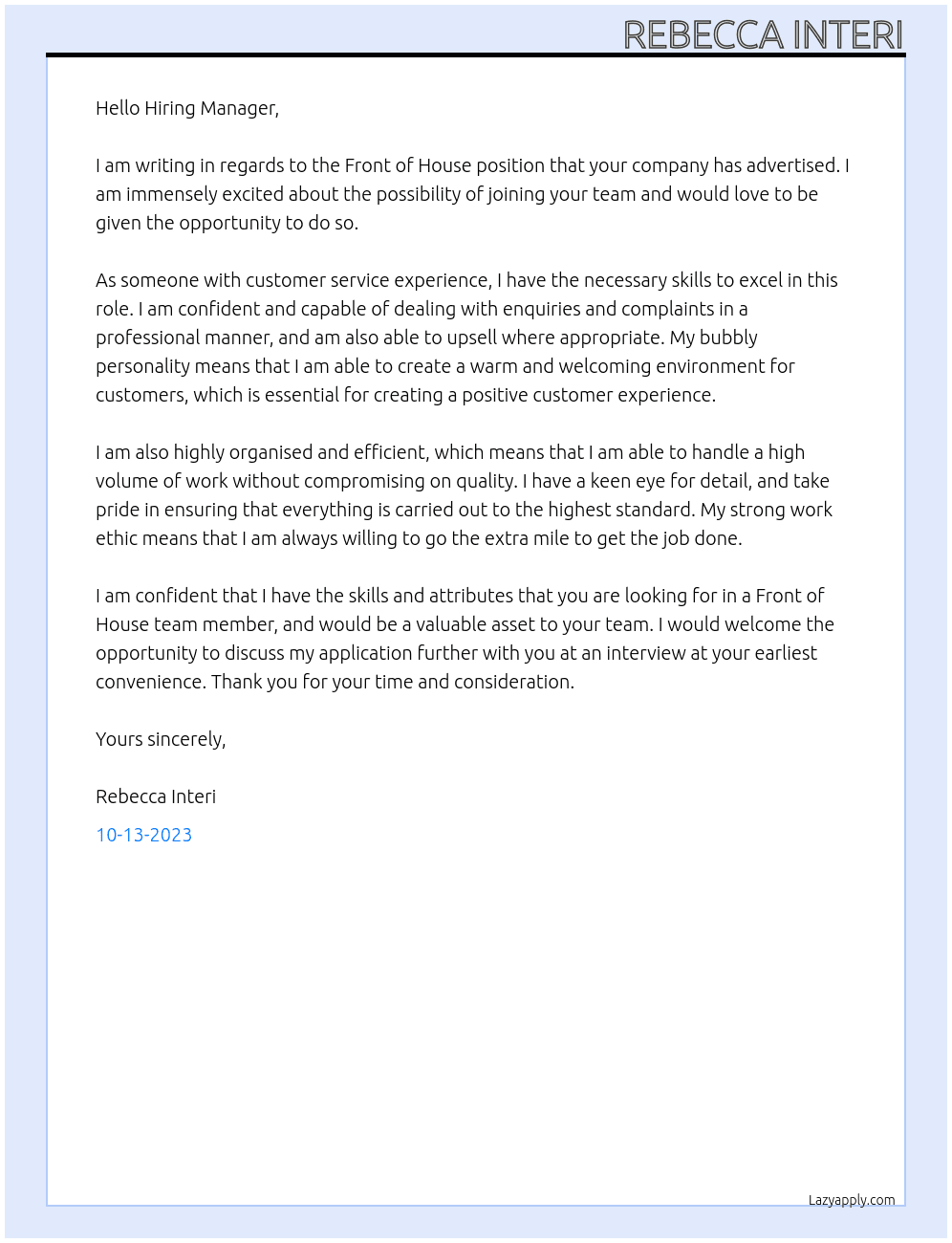 Front of house At Front of house position  Cover Letter