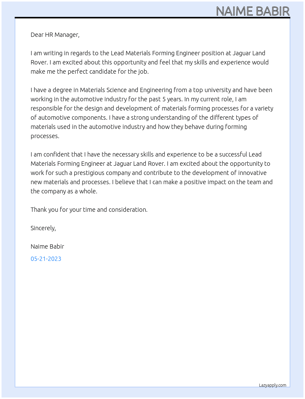 Lead Materials Forming Engineer At Jaguar Land Rover  Cover Letter