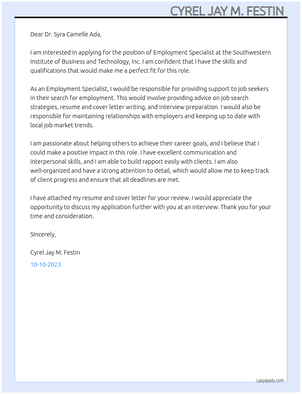 Employment Specialist At Southwestern Institute of Business and Technology, Inc. Cover Letter